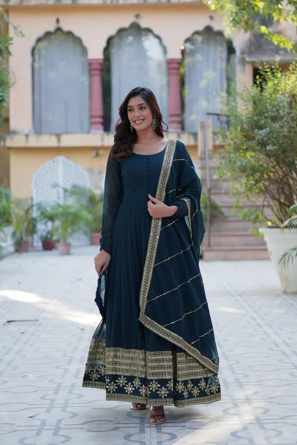 Dark_Green_Embroidery_Faux_Design_Gown_With_Dupatta_Set_Push_Premium_For_Women