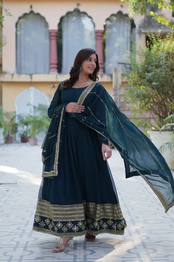Dark_Green_Embroidery_Faux_Design_Gown_With_Dupatta_Set_Push_Premium_For_Women