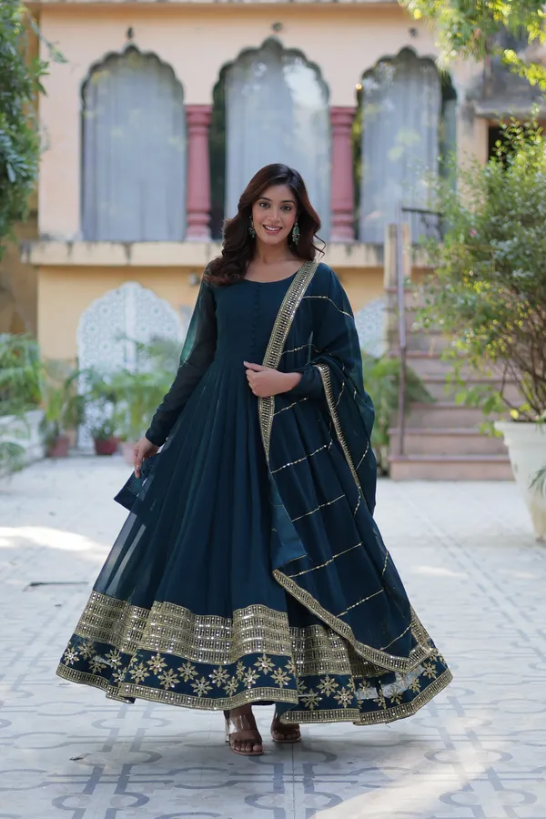 Dark_Green_Embroidery_Faux_Design_Gown_With_Dupatta_Set_Push_Premium_For_Women