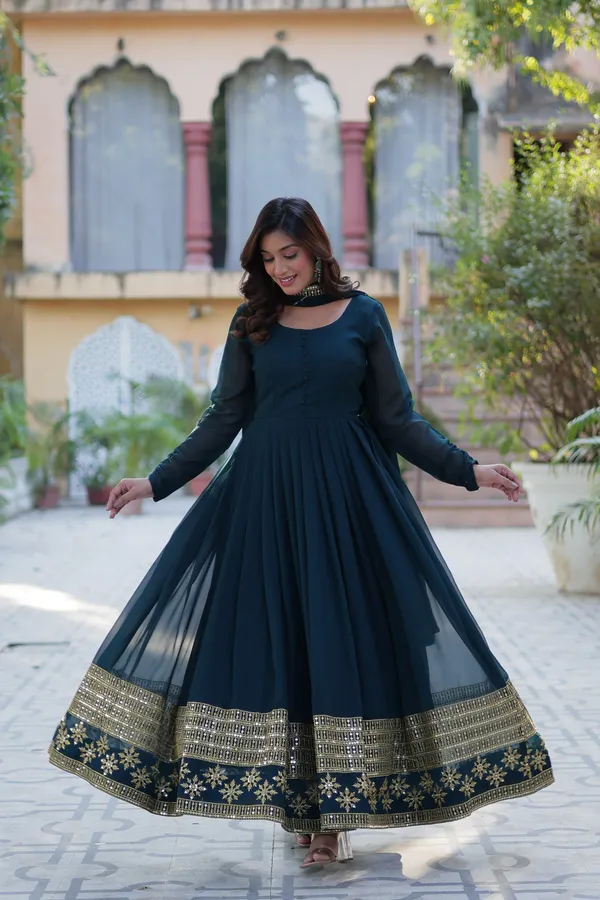 Dark_Green_Embroidery_Faux_Design_Gown_With_Dupatta_Set_Push_Premium_For_Women