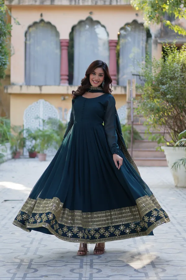 Dark_Green_Embroidery_Faux_Design_Gown_With_Dupatta_Set_Push_Premium_For_Women