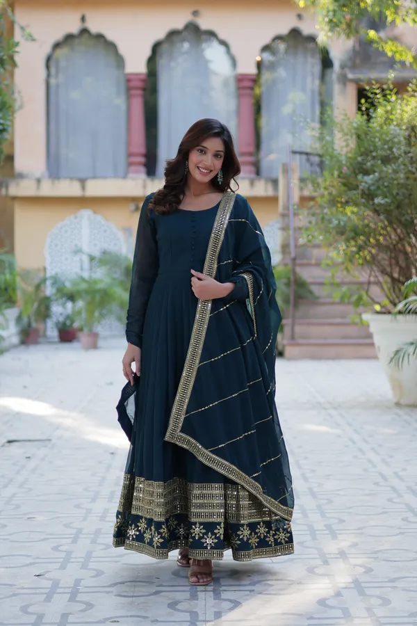 Dark_Green_Embroidery_Faux_Design_Gown_With_Dupatta_Set_Push_Premium_For_Women