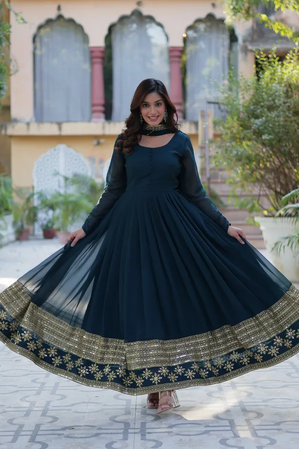 Dark_Green_Embroidery_Faux_Design_Gown_With_Dupatta_Set_Push_Premium_For_Women
