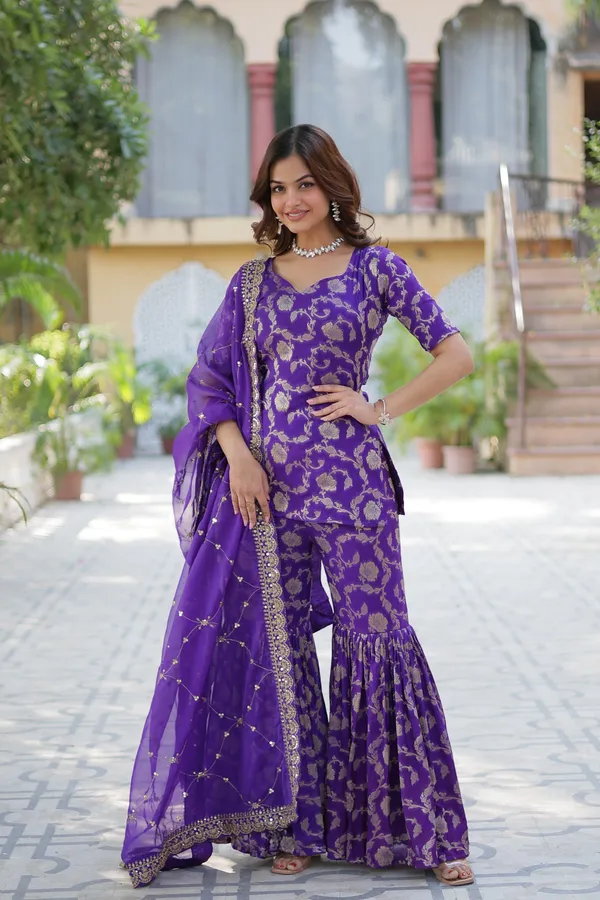 Regal_purple_Viscose_Georgette_Jacquard_Sharara_Suit_with__Embroidery_For_Women