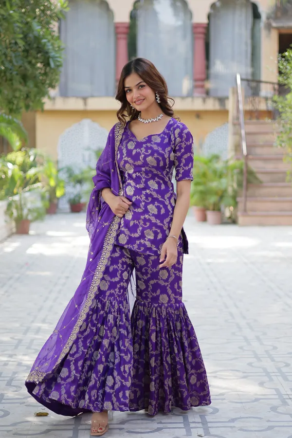 Regal_purple_Viscose_Georgette_Jacquard_Sharara_Suit_with__Embroidery_For_Women