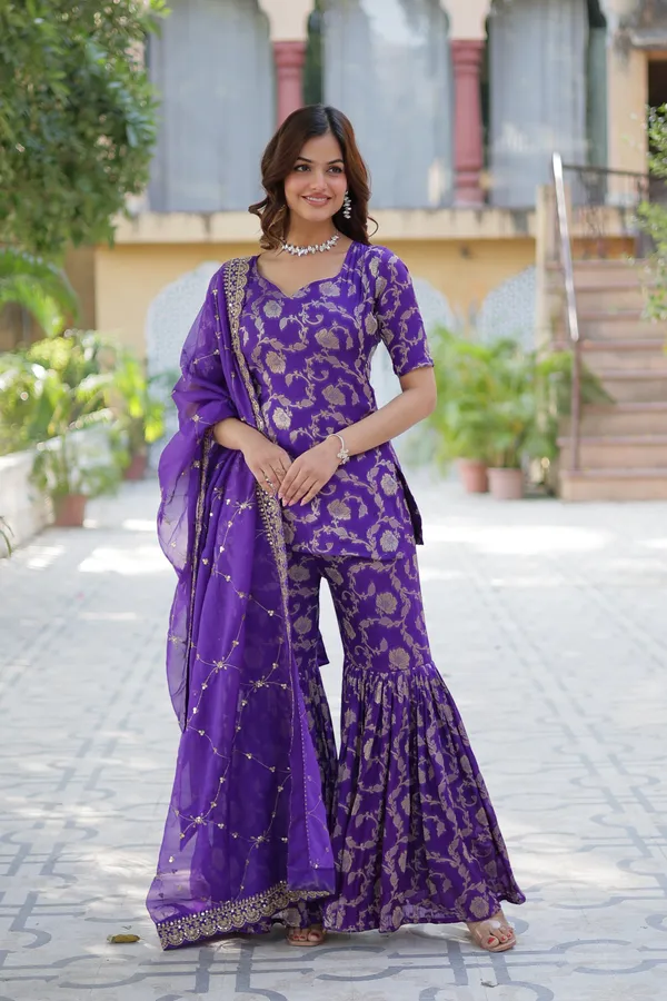 Regal_purple_Viscose_Georgette_Jacquard_Sharara_Suit_with__Embroidery_For_Women