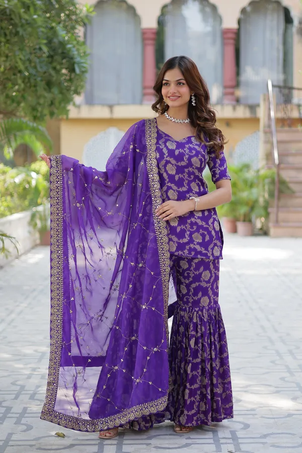 Regal_purple_Viscose_Georgette_Jacquard_Sharara_Suit_with__Embroidery_For_Women