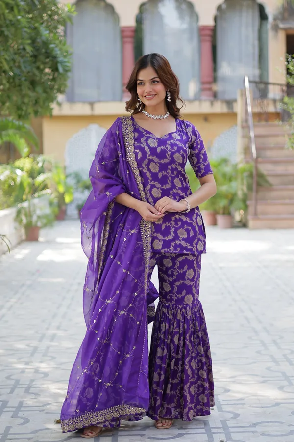 Regal_purple_Viscose_Georgette_Jacquard_Sharara_Suit_with__Embroidery_For_Women