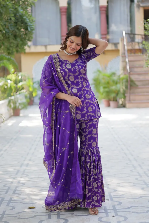 Regal_purple_Viscose_Georgette_Jacquard_Sharara_Suit_with__Embroidery_For_Women