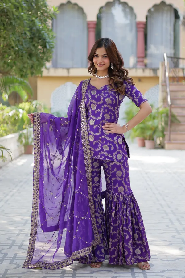 Regal_purple_Viscose_Georgette_Jacquard_Sharara_Suit_with__Embroidery_For_Women