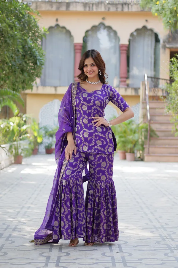 Regal_purple_Viscose_Georgette_Jacquard_Sharara_Suit_with__Embroidery_For_Women