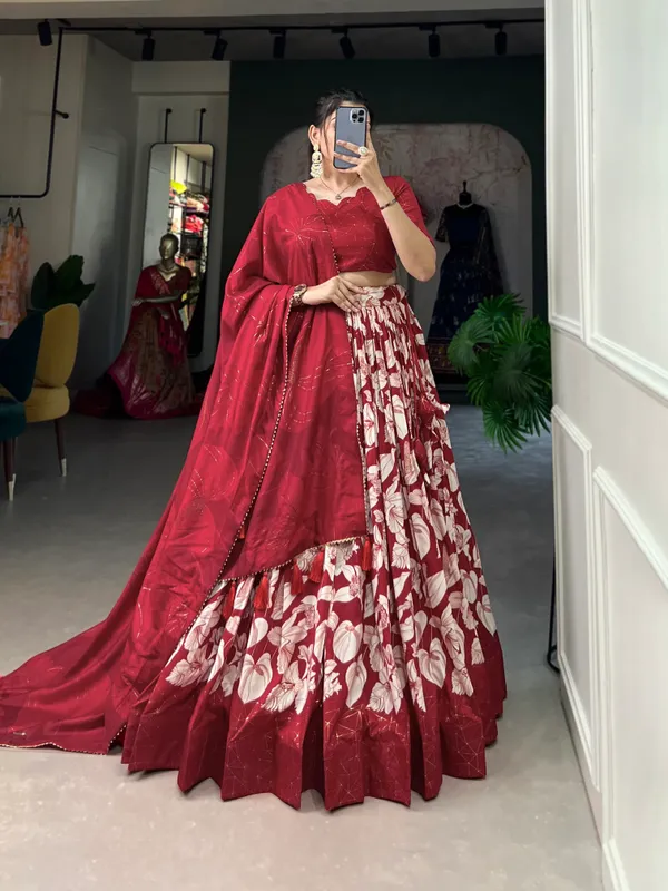 Red_Tussar_Silk_Printed_Lehenga_Choli_For_Women