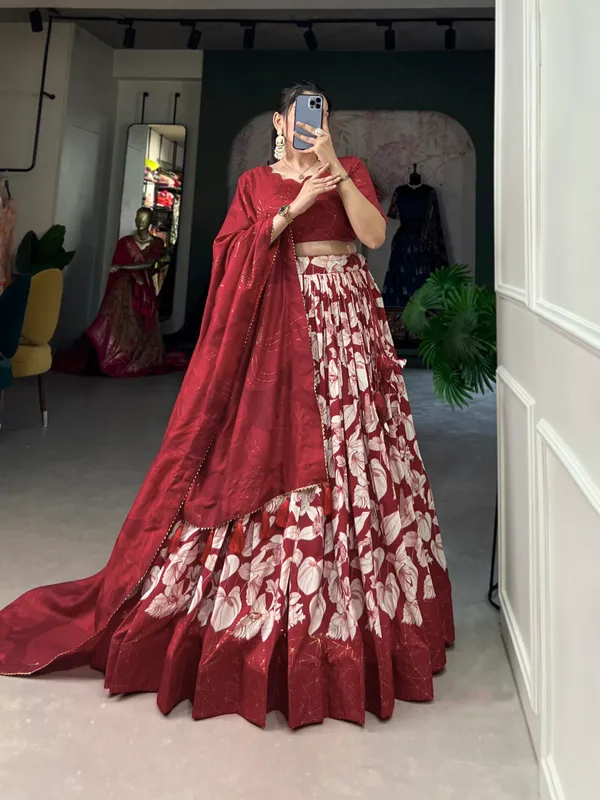 Red_Tussar_Silk_Printed_Lehenga_Choli_For_Women
