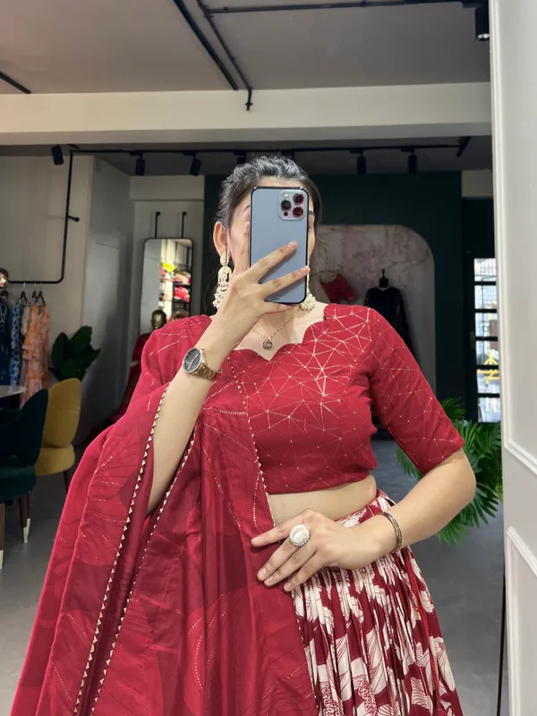 Red_Tussar_Silk_Printed_Lehenga_Choli_For_Women