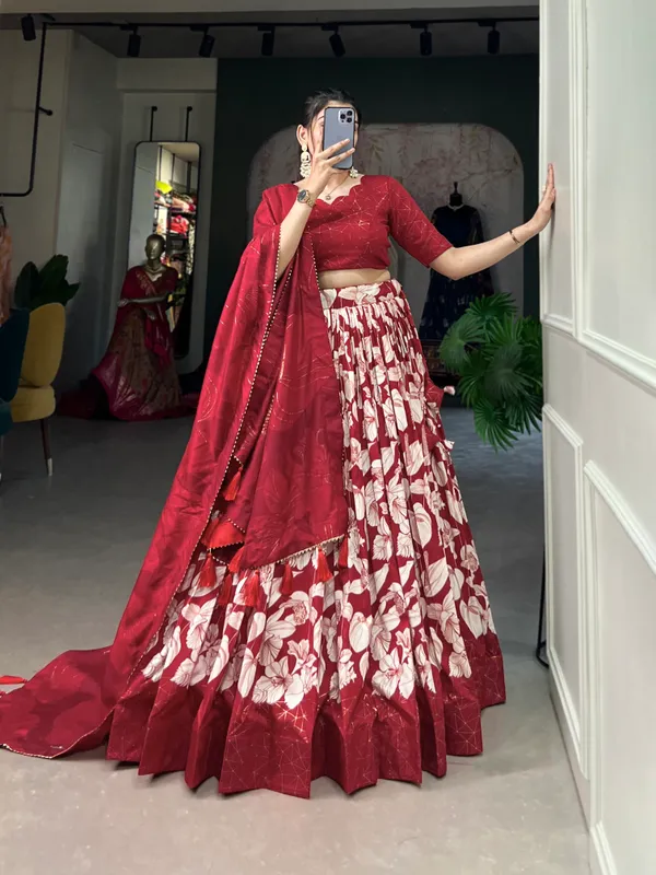 Red_Tussar_Silk_Printed_Lehenga_Choli_For_Women