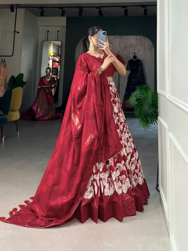 Red_Tussar_Silk_Printed_Lehenga_Choli_For_Women