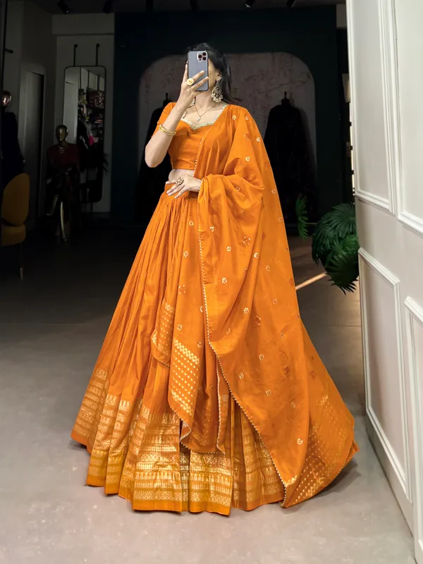 Crafted_for_Grace_and_Beauty:_Pure_Chanderi_Plain_Lehenga_with_Intricate_Zari_Work_Border,_Accompanied_by_Sequin_Embellished_Dupatta_??