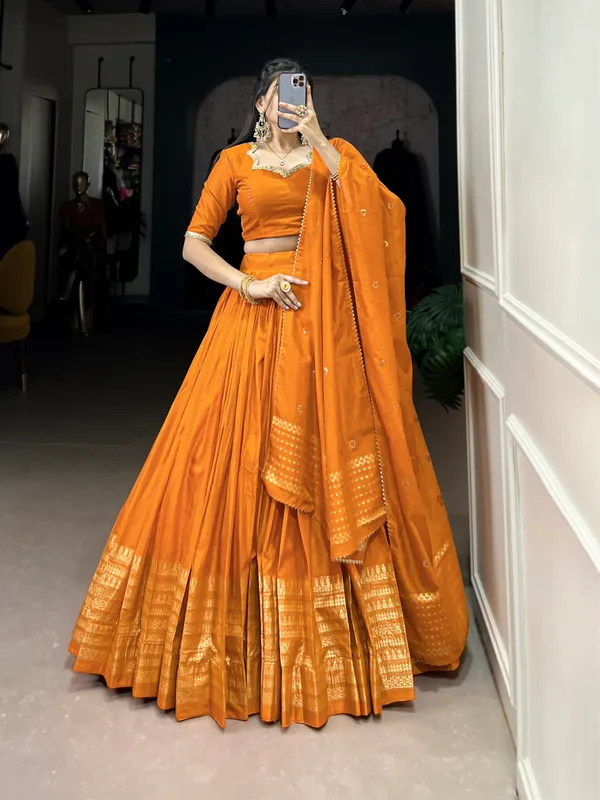 Crafted_for_Grace_and_Beauty:_Pure_Chanderi_Plain_Lehenga_with_Intricate_Zari_Work_Border,_Accompanied_by_Sequin_Embellished_Dupatta_??