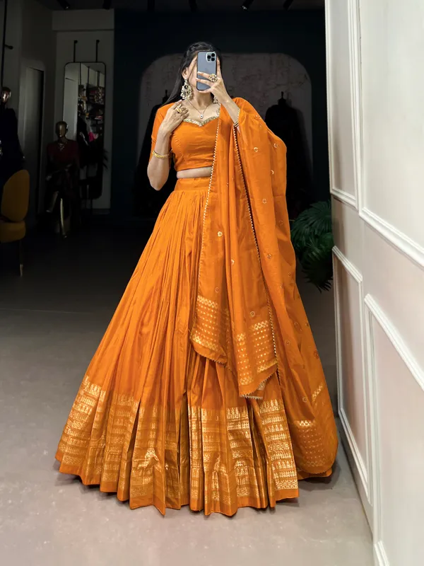 Crafted_for_Grace_and_Beauty:_Pure_Chanderi_Plain_Lehenga_with_Intricate_Zari_Work_Border,_Accompanied_by_Sequin_Embellished_Dupatta_??