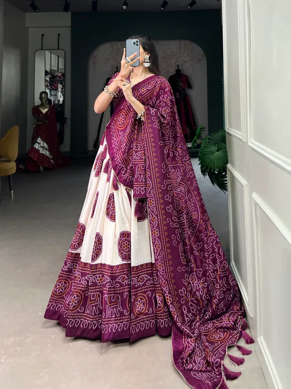 Wine_Artistry_in_Silk:_Tussar_Lehenga_Choli_with_Bandhej_Print_For_Women