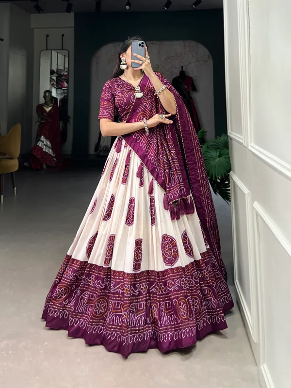 Wine_Artistry_in_Silk:_Tussar_Lehenga_Choli_with_Bandhej_Print_For_Women