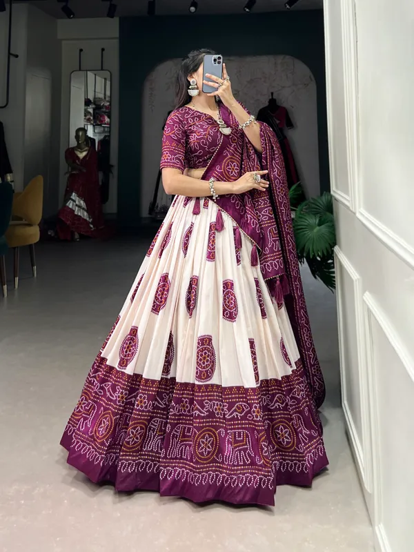 Wine_Artistry_in_Silk:_Tussar_Lehenga_Choli_with_Bandhej_Print_For_Women