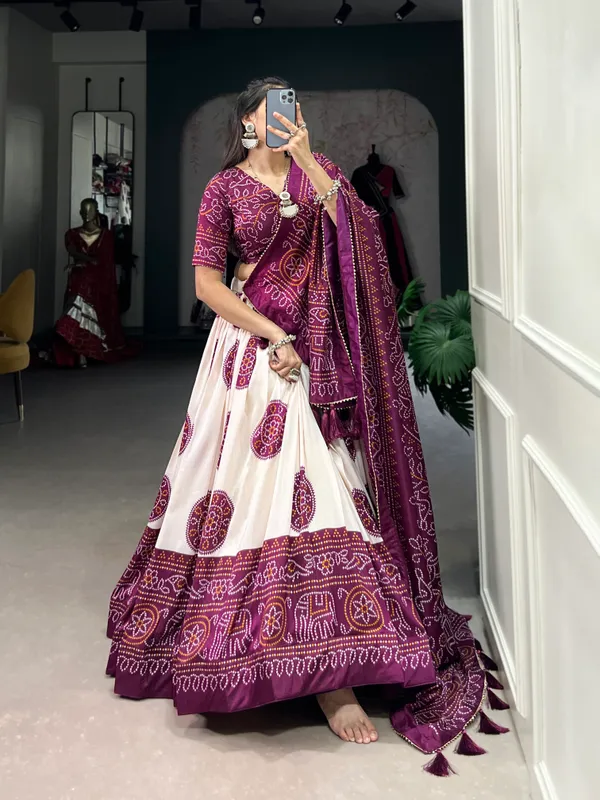 Wine_Artistry_in_Silk:_Tussar_Lehenga_Choli_with_Bandhej_Print_For_Women