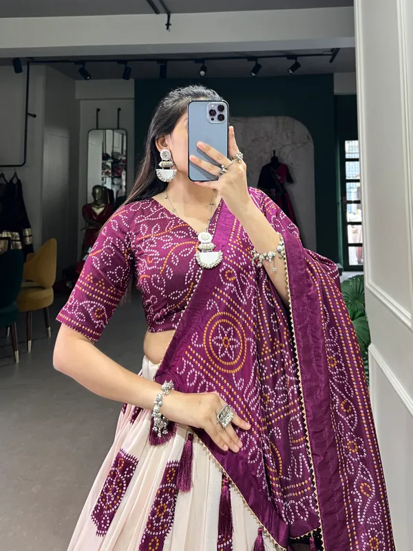 Wine_Artistry_in_Silk:_Tussar_Lehenga_Choli_with_Bandhej_Print_For_Women