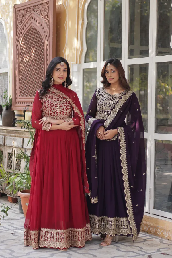 Wine__Faux_Blooming_with_Embroidery_Zari__Gowns_For_Women