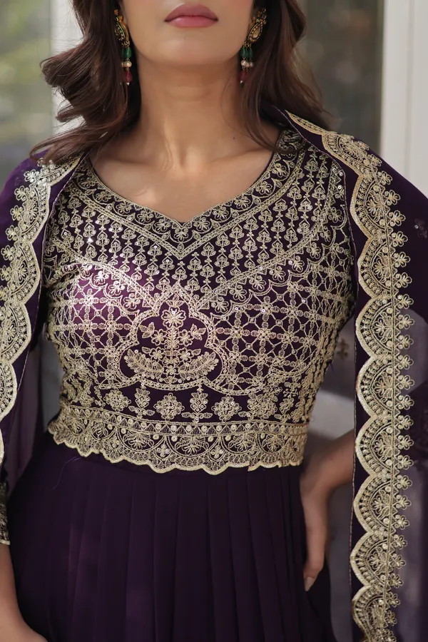 Wine__Faux_Blooming_with_Embroidery_Zari__Gowns_For_Women