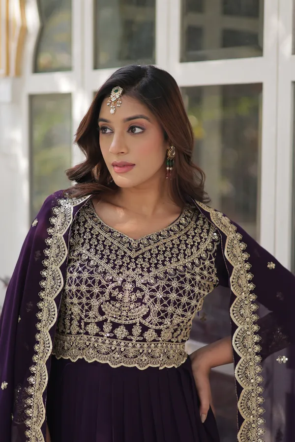 Wine__Faux_Blooming_with_Embroidery_Zari__Gowns_For_Women