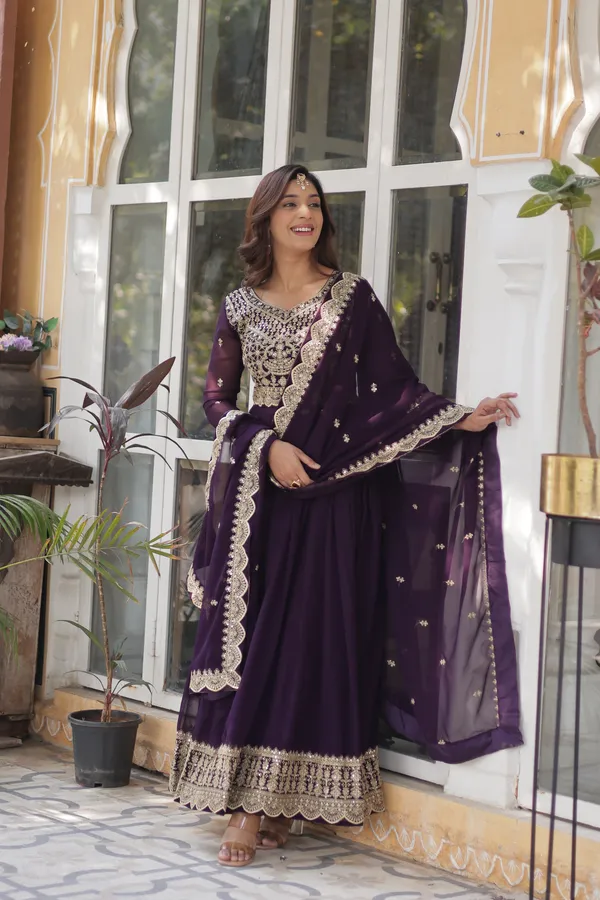 Wine__Faux_Blooming_with_Embroidery_Zari__Gowns_For_Women