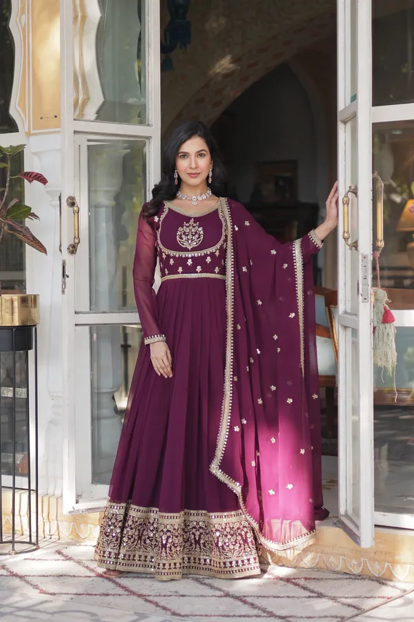 Wine_Embroidery_Faux_Design_Solid_Anarkali_Kurta_With_Dupatta_Set_Push_premium_For_Women