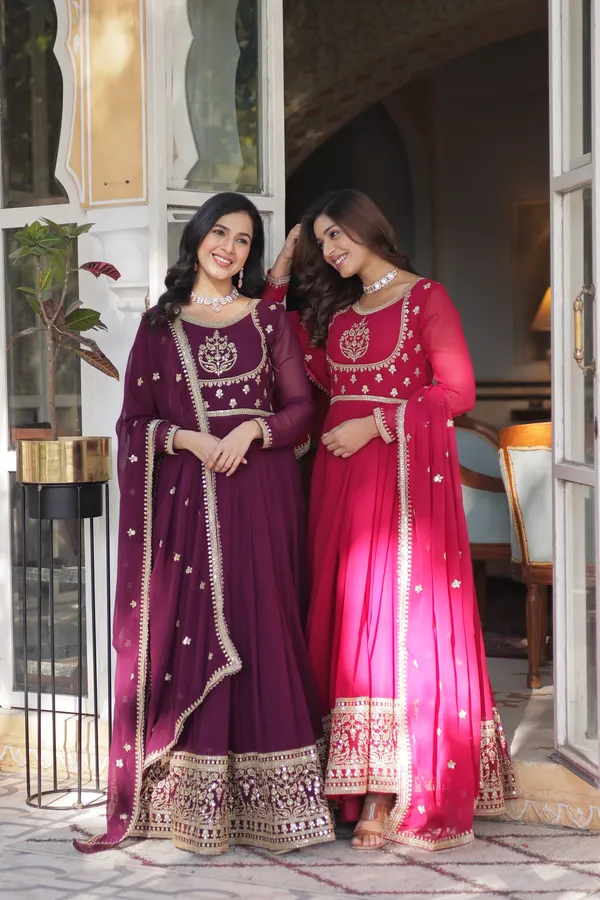Wine_Embroidery_Faux_Design_Solid_Anarkali_Kurta_With_Dupatta_Set_Push_premium_For_Women