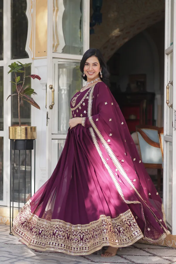 Wine_Embroidery_Faux_Design_Solid_Anarkali_Kurta_With_Dupatta_Set_Push_premium_For_Women