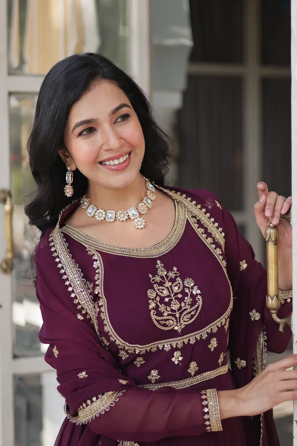 Wine_Embroidery_Faux_Design_Solid_Anarkali_Kurta_With_Dupatta_Set_Push_premium_For_Women