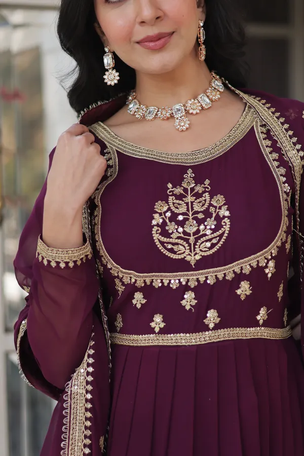 Wine_Embroidery_Faux_Design_Solid_Anarkali_Kurta_With_Dupatta_Set_Push_premium_For_Women