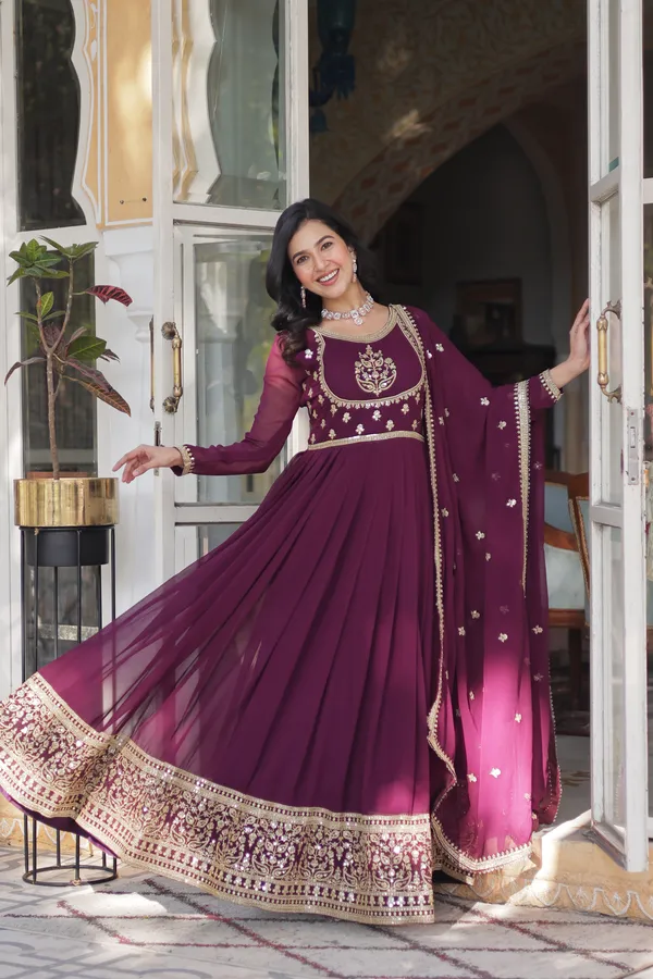 Wine_Embroidery_Faux_Design_Solid_Anarkali_Kurta_With_Dupatta_Set_Push_premium_For_Women