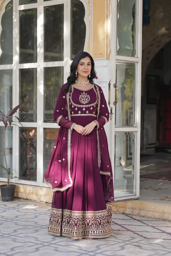 Wine_Embroidery_Faux_Design_Solid_Anarkali_Kurta_With_Dupatta_Set_Push_premium_For_Women
