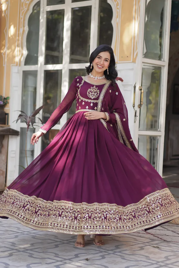 Wine_Embroidery_Faux_Design_Solid_Anarkali_Kurta_With_Dupatta_Set_Push_premium_For_Women