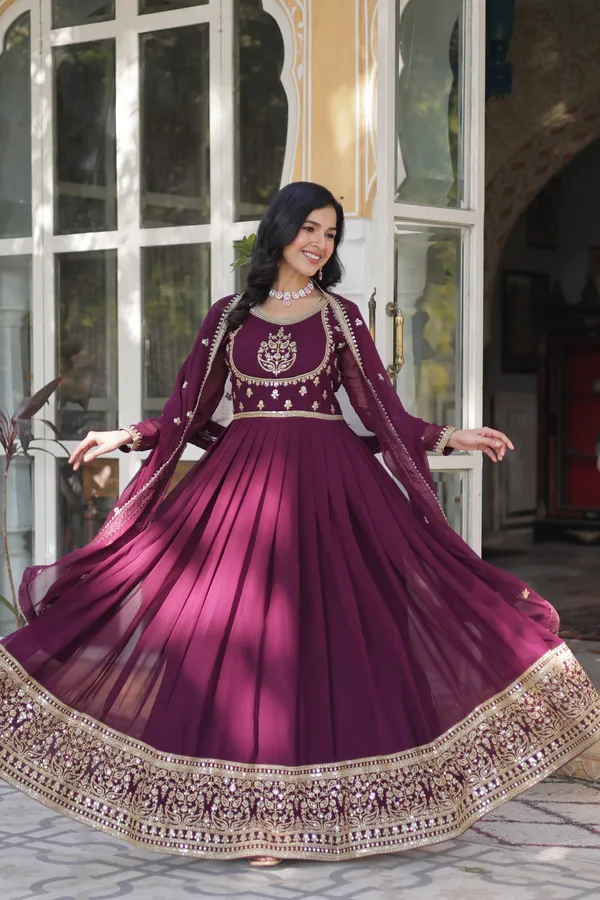 Wine_Embroidery_Faux_Design_Solid_Anarkali_Kurta_With_Dupatta_Set_Push_premium_For_Women