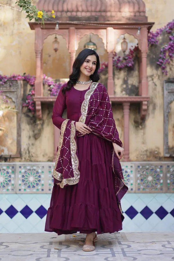Wine_Desirable__Fully_Flair_Gown_Made_With_Star_Georgette_Fabrics_And_Designer_Embroidered_Dupatta__For_Women