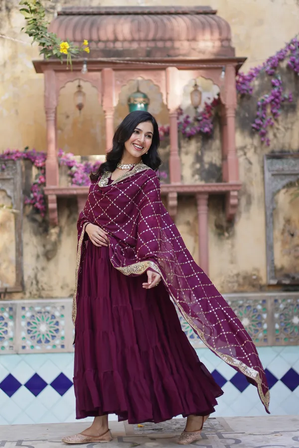 Wine_Desirable__Fully_Flair_Gown_Made_With_Star_Georgette_Fabrics_And_Designer_Embroidered_Dupatta__For_Women