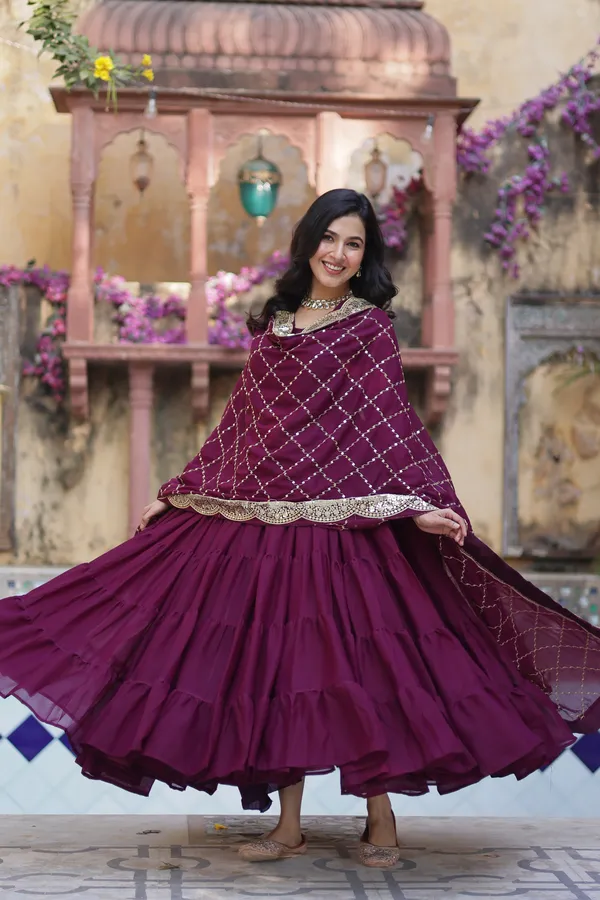 Wine_Desirable__Fully_Flair_Gown_Made_With_Star_Georgette_Fabrics_And_Designer_Embroidered_Dupatta__For_Women
