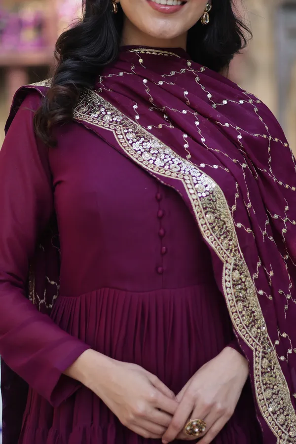 Wine_Desirable__Fully_Flair_Gown_Made_With_Star_Georgette_Fabrics_And_Designer_Embroidered_Dupatta__For_Women
