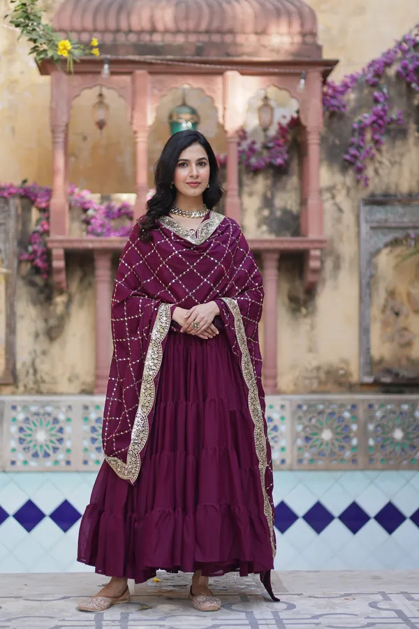 Wine_Desirable__Fully_Flair_Gown_Made_With_Star_Georgette_Fabrics_And_Designer_Embroidered_Dupatta__For_Women