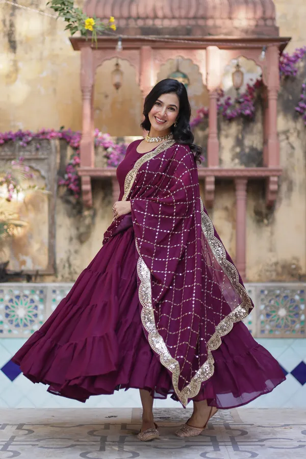 Wine_Desirable__Fully_Flair_Gown_Made_With_Star_Georgette_Fabrics_And_Designer_Embroidered_Dupatta__For_Women