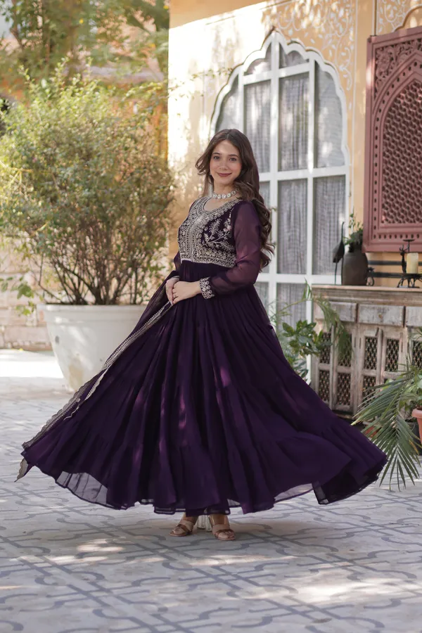 Wine_Gown_With_Dupatta_Set_Ethnic_Wear_Push_Premium_For_Women