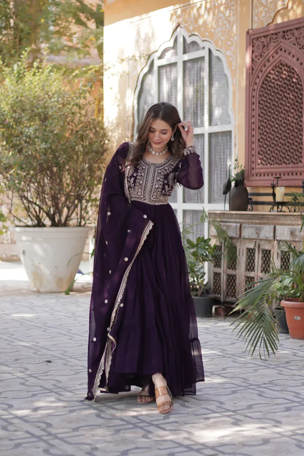 Wine_Gown_With_Dupatta_Set_Ethnic_Wear_Push_Premium_For_Women