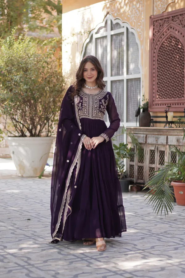 Wine_Gown_With_Dupatta_Set_Ethnic_Wear_Push_Premium_For_Women
